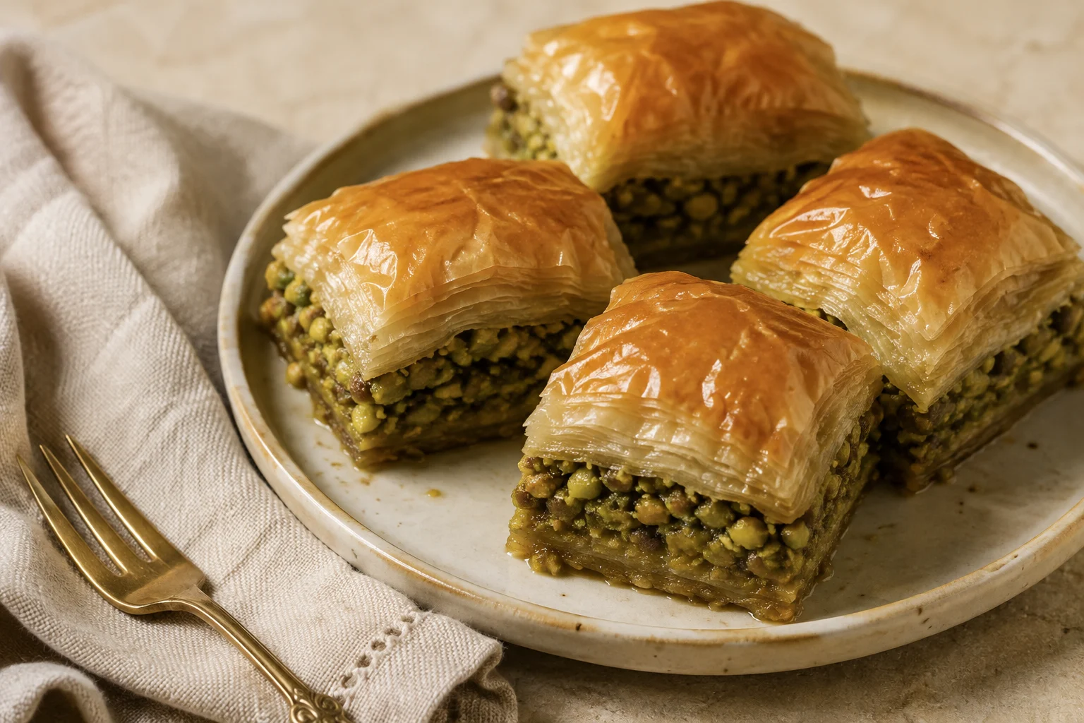 Fıstıkla süslenmiş baklava dilimleri